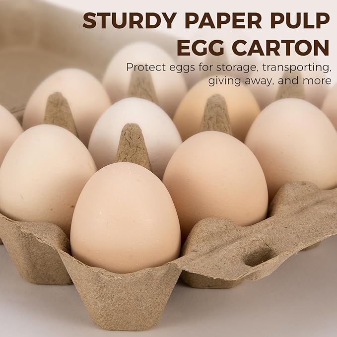 50 Pack Egg Cartons, 3x4 Style Paper Pulp Egg Trays with Printed Design, Sturdy & Reusable Egg Holder 12 Count Dozen Chicken Egg Storage Tray for Farmers, Home Use & Transport