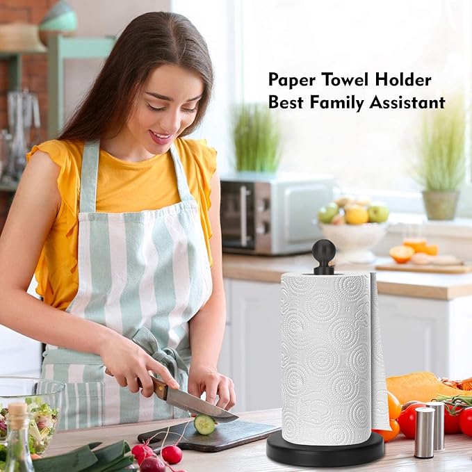 Kalitro Paper Towel Holder Countertop, Standing Paper Towel Roll Holder for Kitchen Bathroom, with Weighted Base for One-Handed Operation, No Wobbly (Stainless Steel Base, Black)