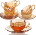 Glass Tea Cups and Saucers Set of 6, Glass Coffee Mugs with Stainless Steel Spoon, Dishwasher & Microwave Safe Teacups for Espresso Cappuccino Latte Tea Juice, 6OZ/180ML, Amber