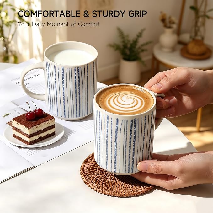 Coffee Mugs Set of 6, 17oz Ceramic Mugs with Handpainted Blue Gray Stripe Pattern, Modern Stackable Coffee Cups, Dishwasher and Microwave Safe Mugs for Home & Office (Vertical Stripes)