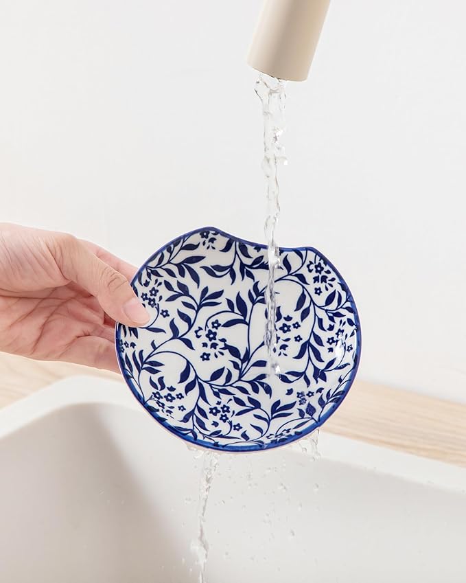 vancasso 6-Pack Ceramic Spoon Rest for Stove Top, Decorative Ceramic Cooking Spoon Holder for Kitchen Counter, 4.8 Inch Blue White Chinoiserie Floral Spoon Rest, Farmhouse Style, Heat-Resistant
