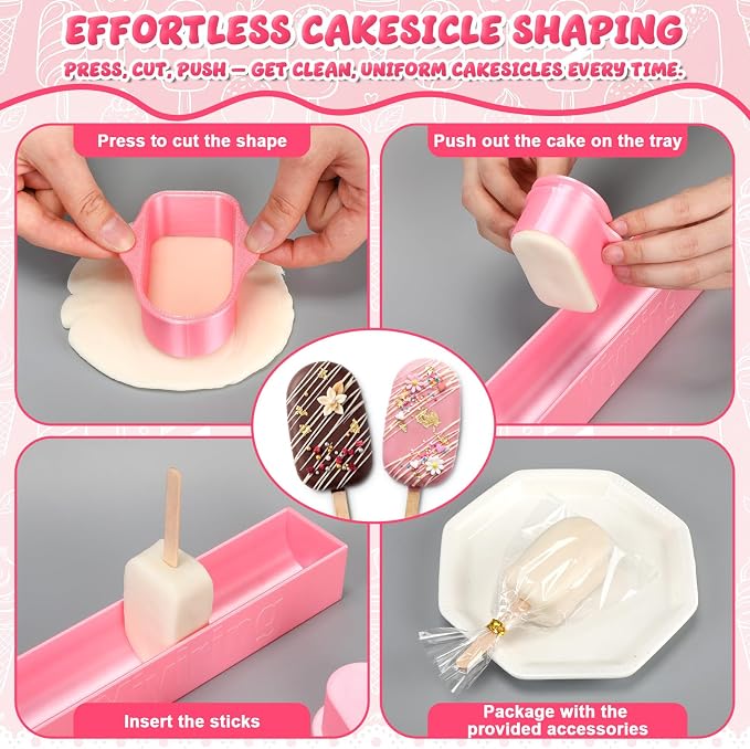 3in Cakesicle Cutter with 9in Tray, Cakesicle Mold Set with 100 Sticks, 100 Bags and 100 Ribbons, Baking Tools for Home Baking, Birthday Parties, Wedding Desserts(Pink,3in,Single Slot)
