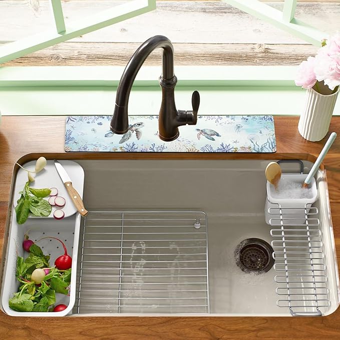 Sink Faucet Absorbing Mat, 2 Pack Drying Mat Around Faucet Sink Splash Guard Behind Faucet Sinkmat For Kitchen Bathroom Island Rv 24 * 5.5 Inch (60 * 14 cm)
