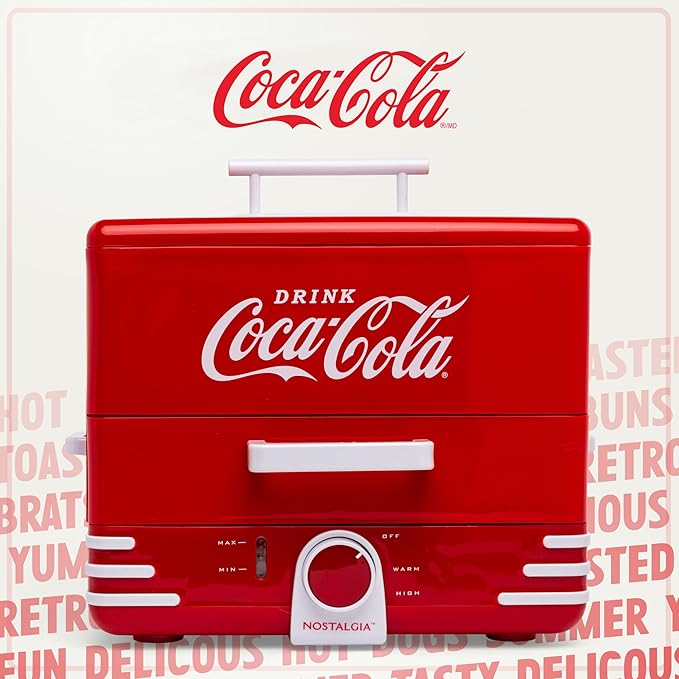 Nostalgia Extra Large Diner-Style Coca-Cola Steamer Cooks 20 Hot Dogs & 6 Buns - Hot Dog Steamer for Breakfast Sausages, Brats, Vegetables & Fish - Bun Steamer Perfect for Game Days or Parties - Red
