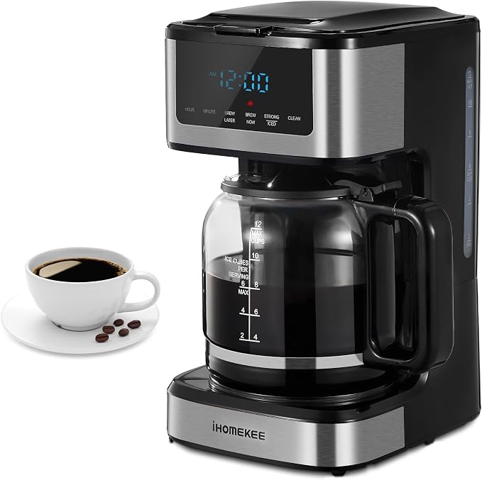 Ihomekee Coffee Maker, Programmable Drip Coffee Maker 12 Cup, Regular & Strong Brew Drip Coffee Machine with Iced Coffee Function for Home and Office, Black & Stainless Steel (Black,Silver)