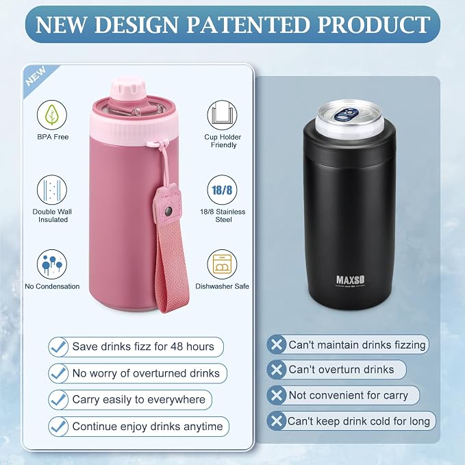 MAXSO Sealed Can Cooler Fizz Lid Can Cover for 12 oz Regular, Slim Skinny Cans & As Thermal Bottle, 4-in-1 Insulated Vacuum Stainless Steel Carbonated Cold Drink Holder - Rose Pink