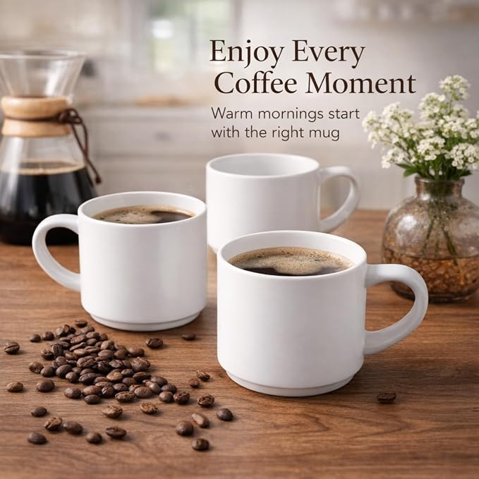GBhome 14 OZ Coffee Mugs Set of 6, Stackable Ceramic Mugs for Men, Women, Modern Coffee Mugs With Stable Base for Latte, Tea, Cappuccino. Dishwasher & Microwave Safe, Matte White