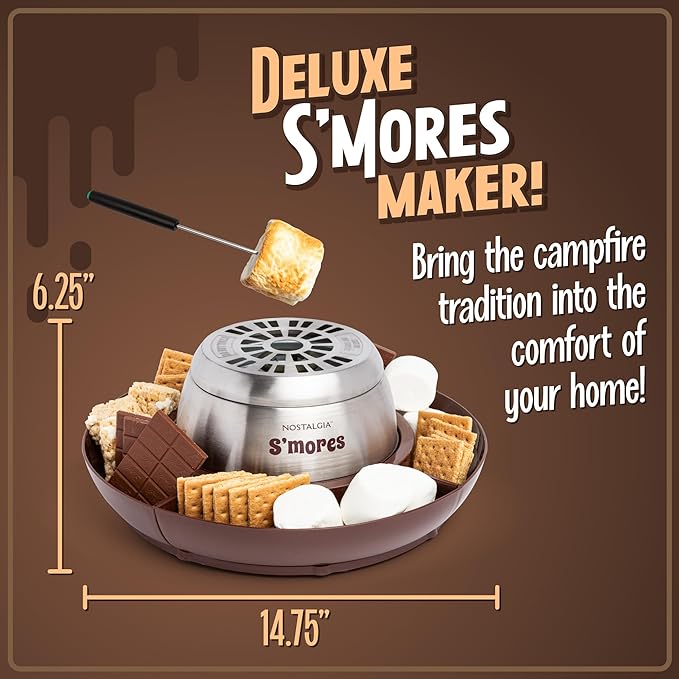 Nostalgia Tabletop Indoor Electric S'mores Maker - Smores Kit With Marshmallow Roasting Sticks and 4 Tray Lazy Susan for Graham Crackers, Chocolate, and Marshmallows - Movie Night Supplies - Brown