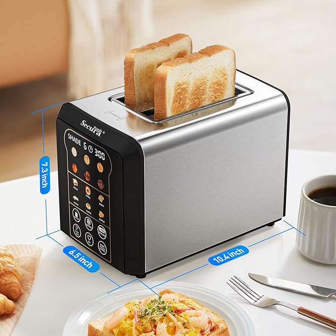 Secura Brands 2 Slice Automatic Toaster, Touch Screen Smart Toaster with Digital Timer, 6 Bread Types, 6 Browning Levels, Reheat/Defrost, +10s Extend, Custom Memory Settings for Home, RV, Office