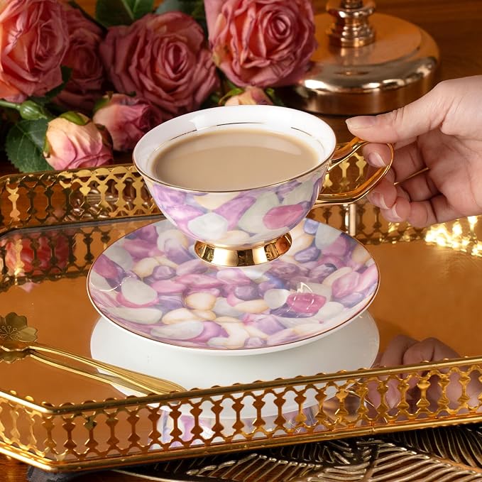 KAMMAK Tea Cups and Saucers Set of 2, Porcelain Coffee Cups, Stackable Espresso Mugs, Ceramic Demitasse for Coffee, Cappuccino, Latte, Americano, Tea, Pebble
