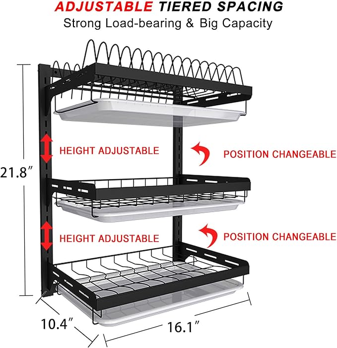 Wall Mounted Dish Drying Rack, 3 Tier Hanging Dish Rack Drainer, Wall Mount Kitchen Plate Organizer Storage Shelf with Drain Tray and 3 Hook, Stainless Steel, Black, Large, Ajustable Height (21.8")