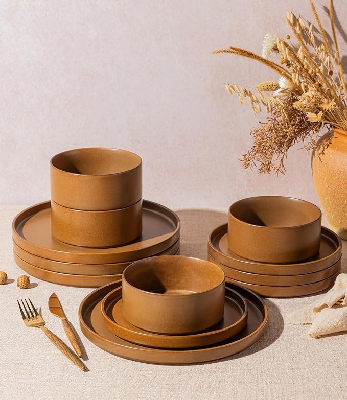 LERATIO Ceramic Dinnerware Sets for 6, High Edge Stoneware Plates and Bowls Set, Chip and Crack Resistant | Oven & Dishwasher & Microwave Safe Dishes Set, Service for 6
