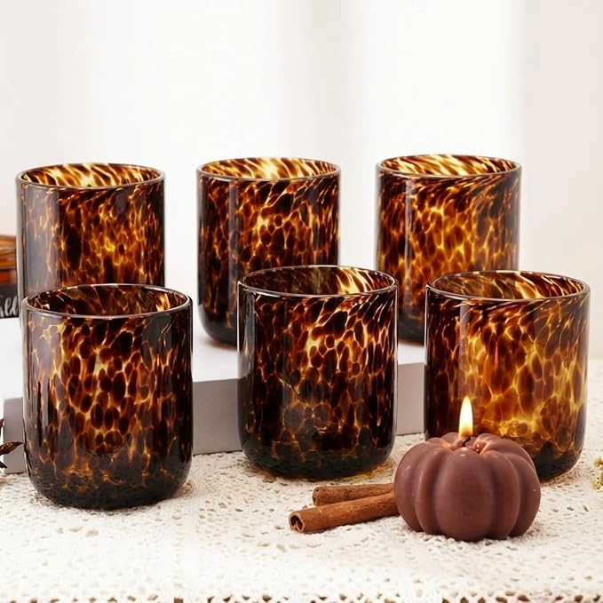 Honeydak Set of 6 Tortoise Leopard Print Brown 10 oz Rocks Glasses Stylish Stemless Cocktail Cups Glass Glassware Tumbler Ideal for Gin, Tequila, Vodka, Soft Drinks 3.2 x 3.2 x 4 in