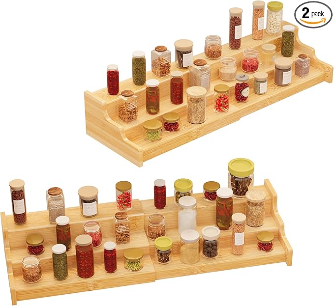 2 Pack Spice Rack Organizer for Cabinet - 3 Tier Bamboo Expandable Display Shelf for Seasoning Storage in Kitchen Pantry