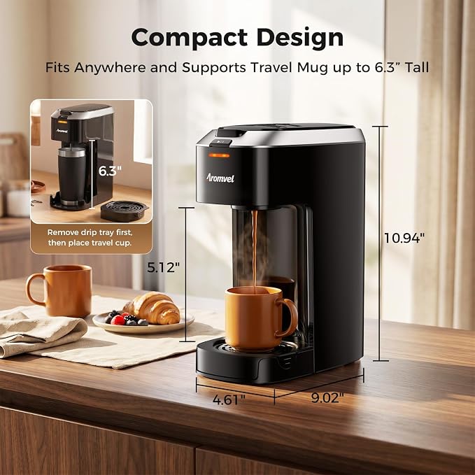 Single Serve Coffee Maker for K Cup Pods, One Button Coffee Maker, 6-14oz Brew Sizes, Fits Travel Mug, Compact for Small Kitchen, Office, Dorm, RV, Silver