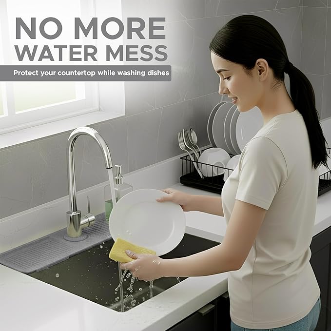 24 Inch Longer Faucet Mat for Kitchen Sink| 5° Slope Fast Self-Draining Sink Splash Guard | Multipurpose Faucet Mat Foldable Durable No Smell | Cut-to-Fit Opening Up to 2.6in | Nordic Grey