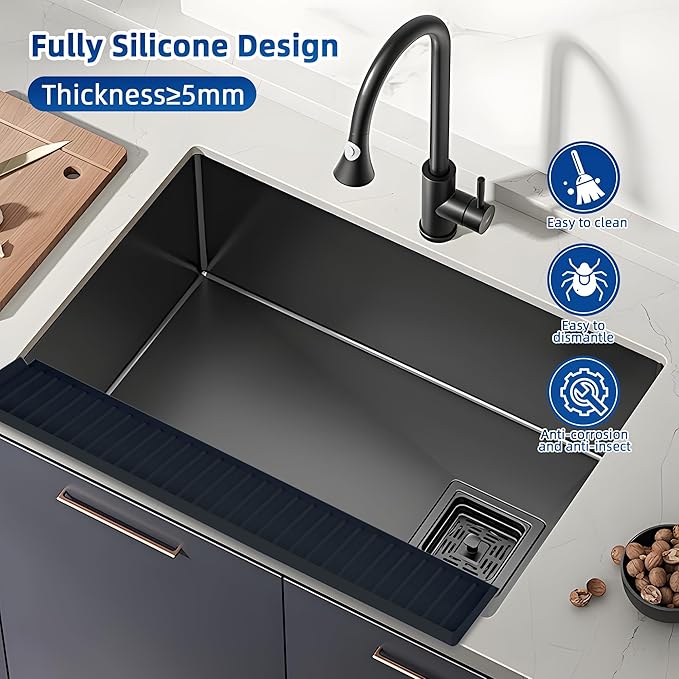 Silicone Sink Splash Guard & Edge Protector, 30 Inch Extra Long Kitchen Sink Splash Guard with Suction Cups, 5° Tilt Water Drip Back Design, DIY Cuttable Fits Any Size Single or Double Sink - Black