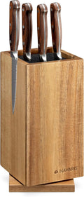 Navaris Rotating Wood Knife Block - Magnetic Universal Holder without Knives - Kitchen Storage with Plastic Bristles and Magnetic Sides - Acacia