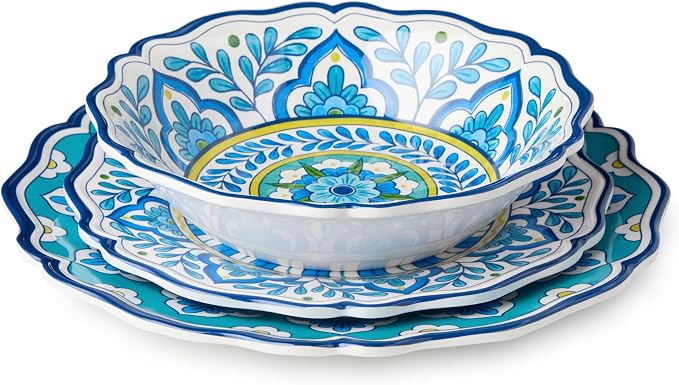 Porto 12 Pc. MELAMINE DINNERWARE SET, SERVICE for 4 – artistically designed Talavera Tile Art, Turquoise Blue Yellow Mandala