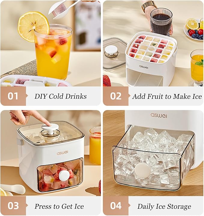 Ice Cube Tray, Press Ice Cube Trays Double Layer 48 Gride Ice Cube Mold Easy Release Ice Cube Trays with Lid and Bin and Ice Scoop for Making Whiskey, Cocktail, Coffee