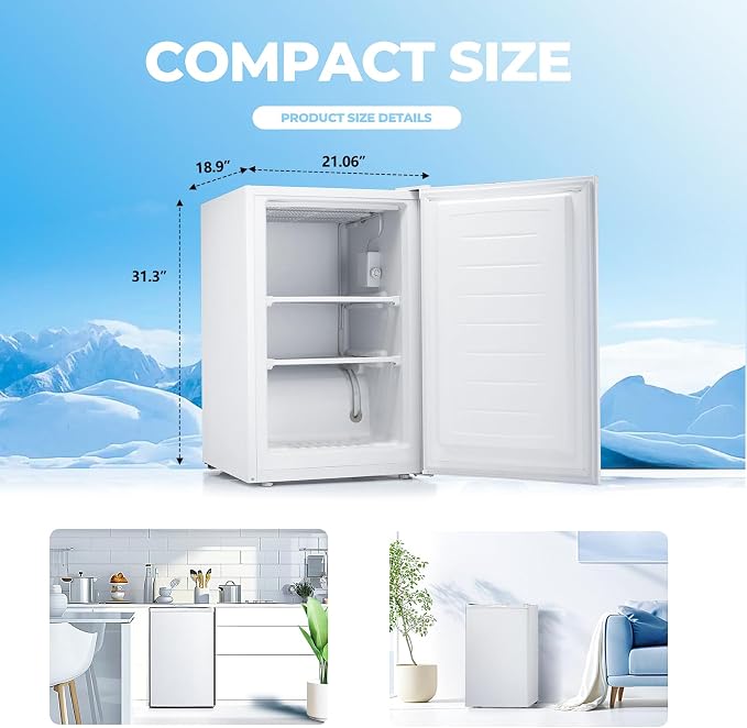 Electactic 3.0 Cu.ft Small Freezer, Mini Upright Freezer with 7 Adjustable Thermostat, Removable Shelves, Reversible Single Door, for Bedroom/Home/Dorms/Apartment (White)