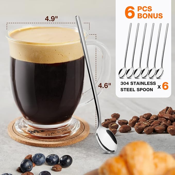 Mfacoy Glass Coffee Mugs Set of 6, Clear Large Coffee Mug 15 Oz With Handles for Hot Beverages, Clear Mugs for Tea, Cappuccino, Latte, Espresso Coffee, Juice, Glass Coffee Cups