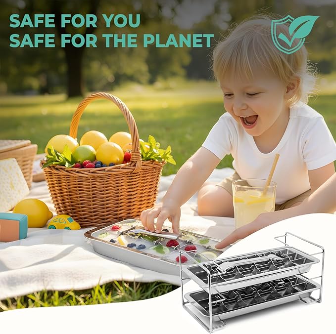 Ecozoi Stainless Steel Ice Cube Tray - 2 Pack of 18-Slot Metal Ice Cube Trays with Easy Release Lever - Plastic-Free, Eco-Friendly, Stackable Retro Vintage Ice Trays for Bars & Kitchens
