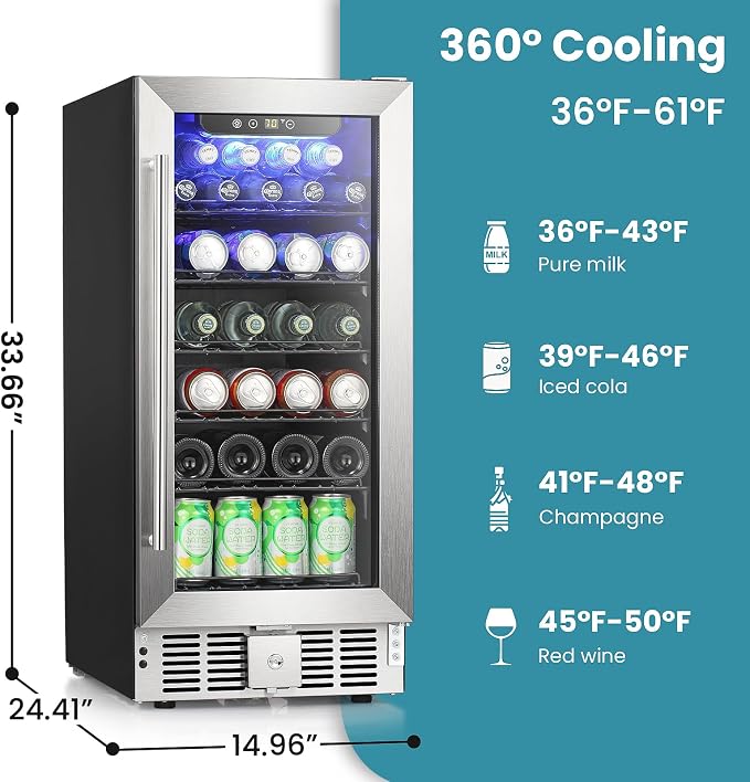 Antarctic Star 115 Can Beverage Refrigerator Cooler, 2.9 Cu.Ft Mini Fridge with Safety Lock, Beverage Cooler with Glass Door/LED Light/Adjustable Removable Shelves for Home/Office/Bar(Stainless Steel)