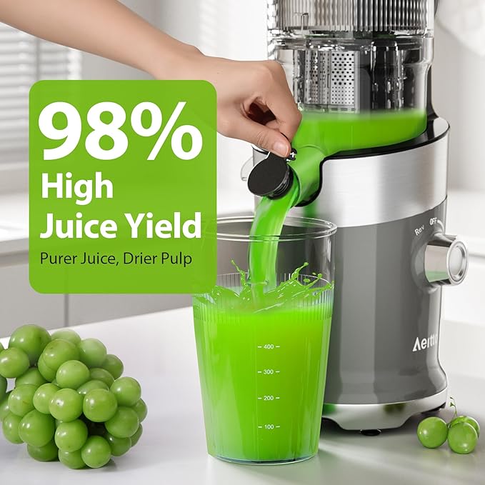 Cold Press Juicer，Aeitto 4.9" Large Feed Chute Juicer Machines for Whole Fruits & Vegetables,High Juice Yield,Professional Masticating juicer Easy to Clean,Grey