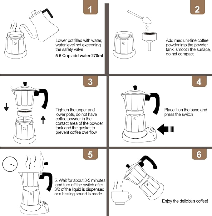 Aluminum Electric Moka Pot 3-6 Cup 270ml Express Coffee Maker Stovetop Espresso Portable Coffeemaker Italian Classic Brewing Greca Cafe Mocha with Removable Base and Overheating Protection Machine