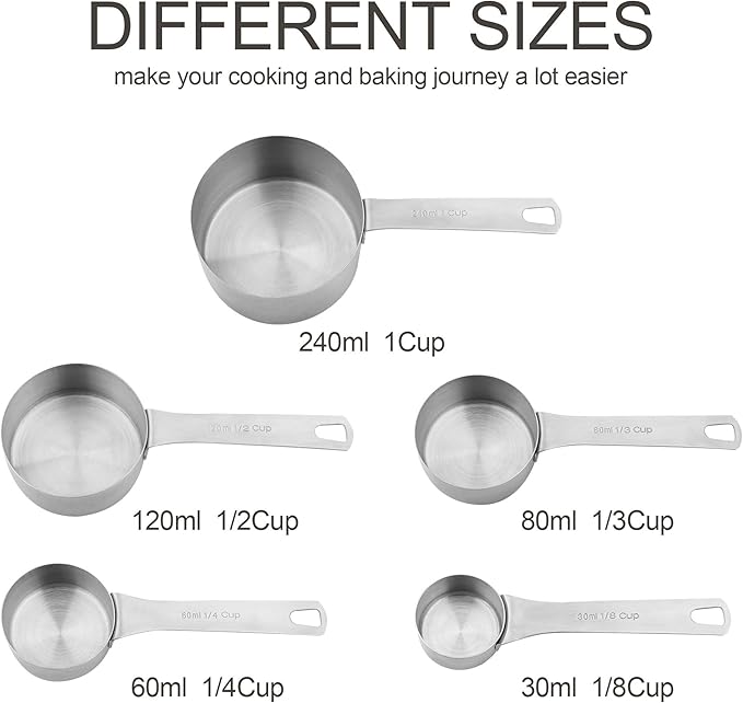 Smithcraft Stainless Steel Measuring Cups and Spoons Set, 18/8(304) Steel Material Heavy Duty 5 Measuring cups and 5 Measuring Spoons 1 Leveler and 2 rings Pack 13pcs Per set