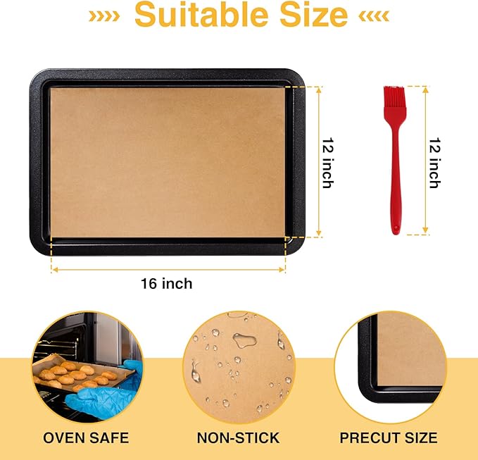 300 PCS Parchment Paper Sheets - OAMCEG 12x16 Inch No Chemical Non-Stick Unbleached Pre-Cut Parchment Paper with a Silicone Brush, for Baking Grilling Air Fryer Steaming Bread Cup Cake Cookie