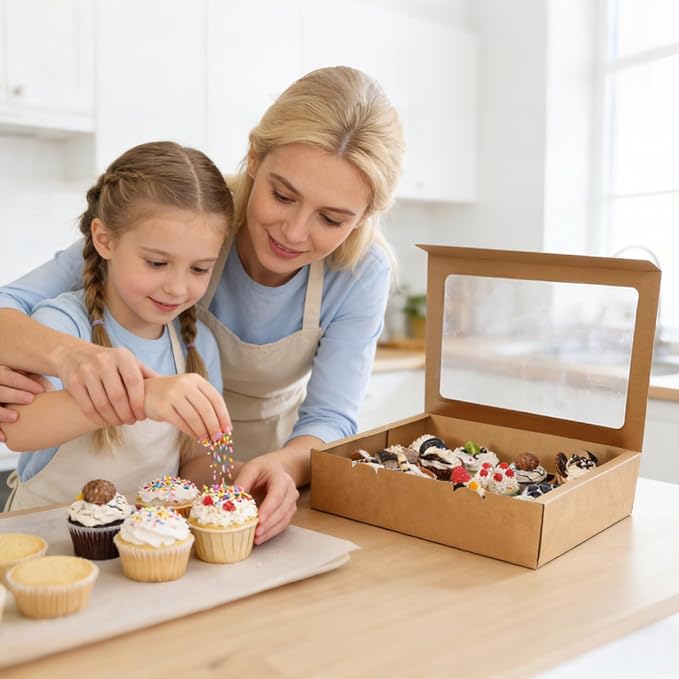 Moretoes 7 Pack Auto-popup Cupcake Boxes Hold 12 Standard Cupcakes, Cupcake Containers with Window and Inserts, Bakery Supplies for Muffins Cookies Treats Dessert (Brown)