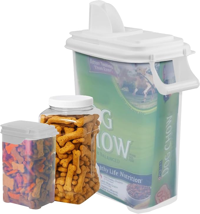 Buddeez Pet Food Storage Solution (Set of 3) - 32QT, 4QT & 2QT BPA-Free Containers with Scoop & Pour Spout for Dry Food, Treats, Chews (White Lid)