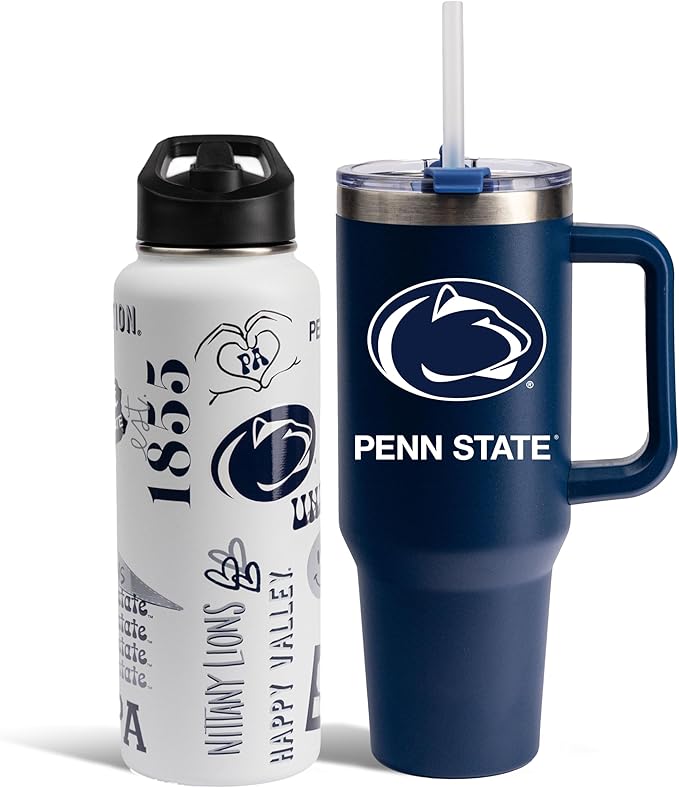The Memory Company Officially Licensed NCAA 2-Pack Stainless Steel Tumbler Set, 34oz Team Spirit Water Bottle & 40oz Game Day Tumbler with Lid and Straw, BPA-Free Materials, Convenient Straw Design