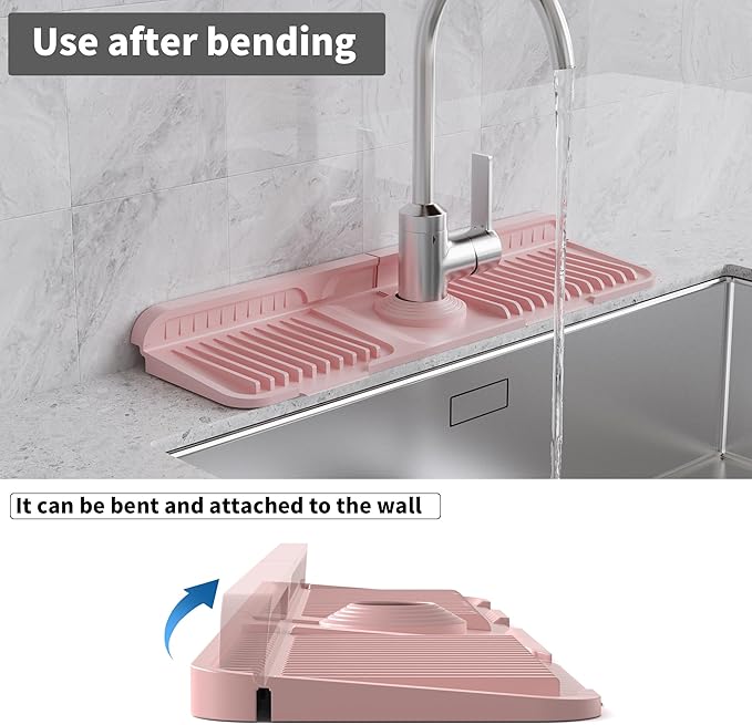 WAFT YEARN 17X5 Inch Silicone Durable Faucet Mat Kitchen Sink Splash Guard Draining Protector Tray Liner Absorbent Protective Counter Accessories For Sink Kitchen Bathroom Laundry Room Bar & RV Pink