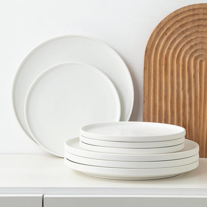 12 Piece Ceramic Plates and Bowls Sets for 4, Modern White | Stoneware Dinnerware Set, Dishwasher & Microwave Safe, Handcrafted, Perfect for Family and Gatherings