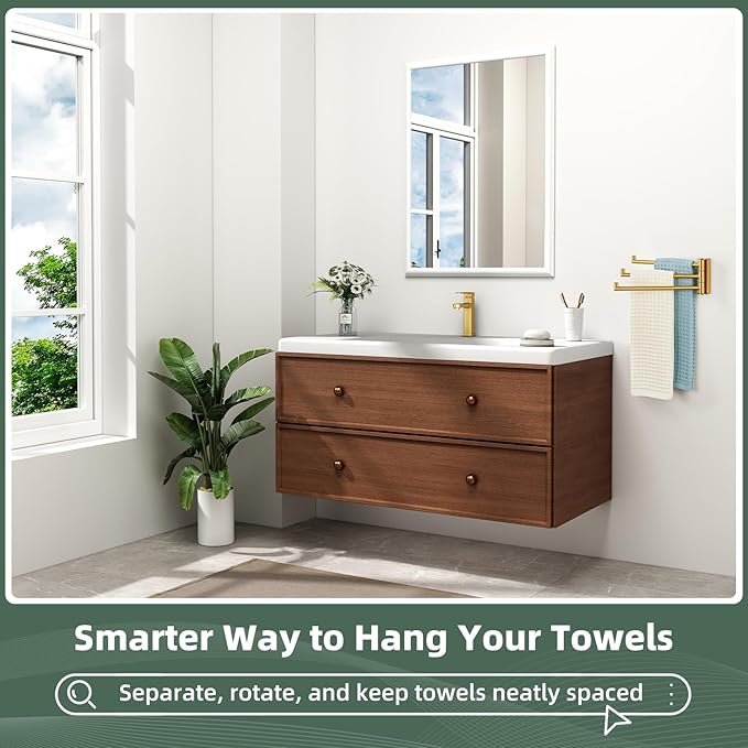 Aomasi Brushed Gold Swivel Towel Rack, 304 Stainless Steel 3-Arm Rotating Bathroom Towel Bar, Rustproof Space-Saving Holder for Kitchen, RV, Laundry Room
