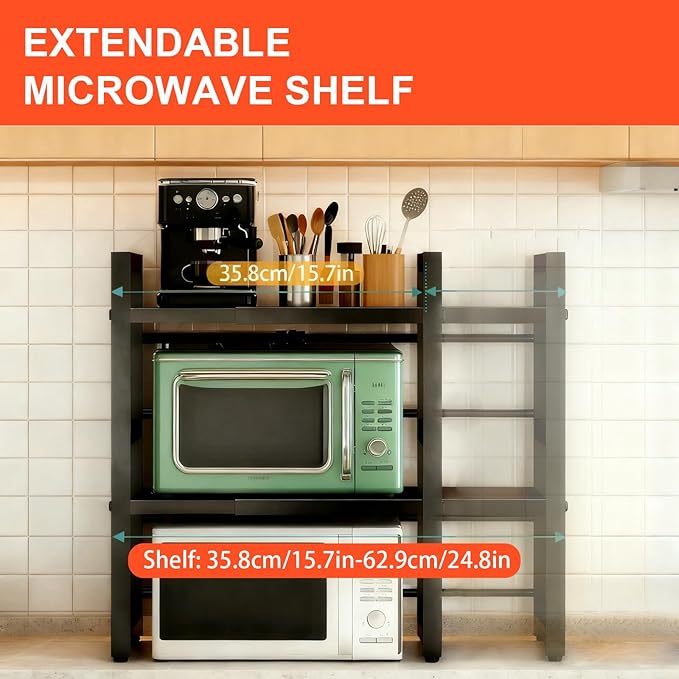 Microwave Oven Rack, Expandable Microwave Stand Countertop Shelf Heavy Duty 3-Tier Shelf with Cutting Board Holder Knife Rack and Chopstick Storage for Kitchen Top Organizer, Holds 55lbs, 6 Hooks