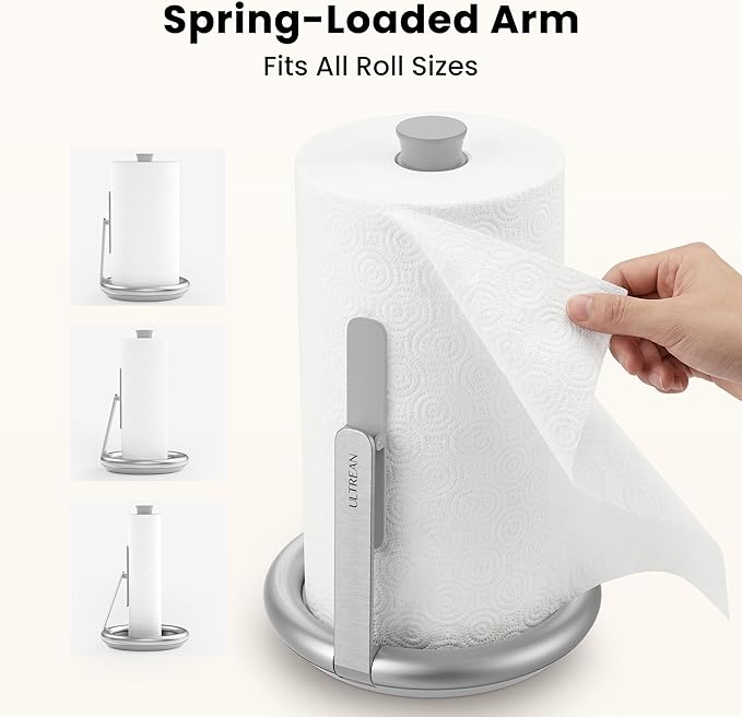 Ultrean Paper Towel Holder Countertop, Freestanding Paper Towel Dispenser with Spring-Loaded Arm for One-Handed Tear, Weighted Non-Slip Base, Stainless Steel for Kitchen