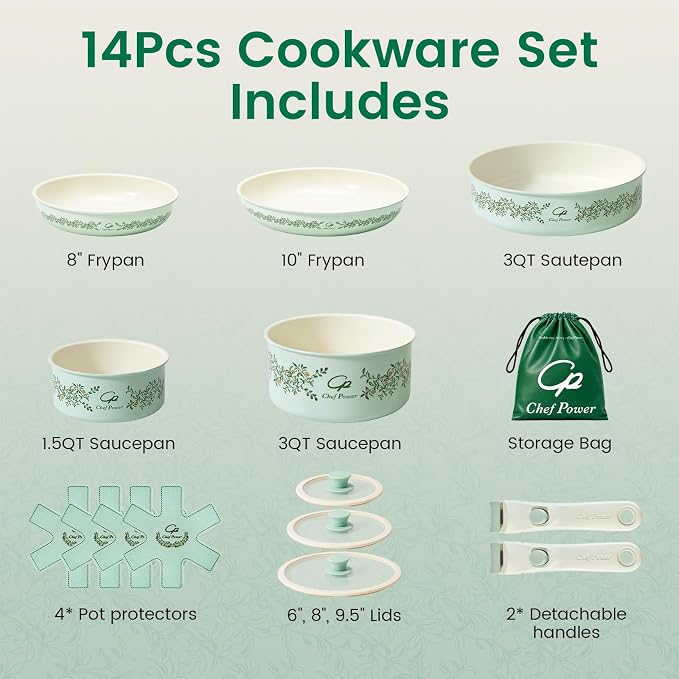 Chef Power Ceramic Cookware Set Non Toxic with Detachable Handles, Healthy Nonstick Decal Pans and Pots Set 14 Pcs, Induction Dishwasher Oven Safe Kitchen Set, Light Green with Olive branch