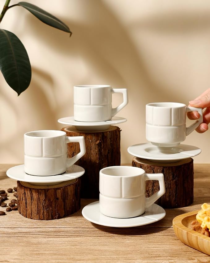 Ceramic Coffee Mugs Set of 4, Coffee Cups with Saucers, Cappuccino Cups with Saucers, Porcelain Cups, Coffee Cups for Tea, Latte, Espresso (Ivory-Geometric)