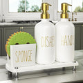 Cisily Kitchen Soap Dispenser Set Comes with Ceramics Sponge Holder, Gold Pumps, and Instant Dry Tray, Hand and Dish Soap Dispenser Set (4, Gold + White + Sponge Holder)