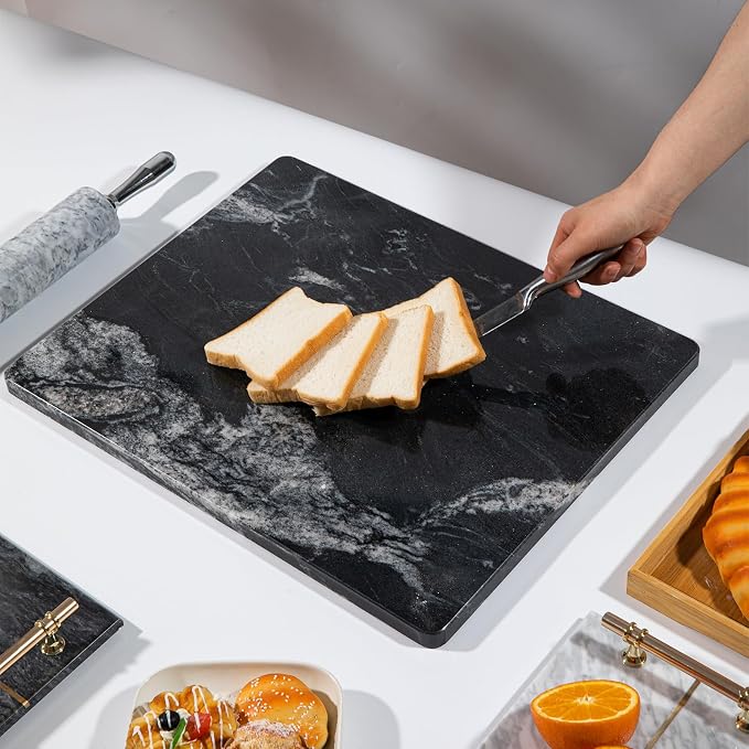 Natural Black Marble Cutting Board for Kitchen, 16 x 20 Inch Marble Slab Granite Cutting Board with Non-Slip Feet, Pastry Board for Baking Dough Chocolate Cheese Charcuterie, Wedding Gift