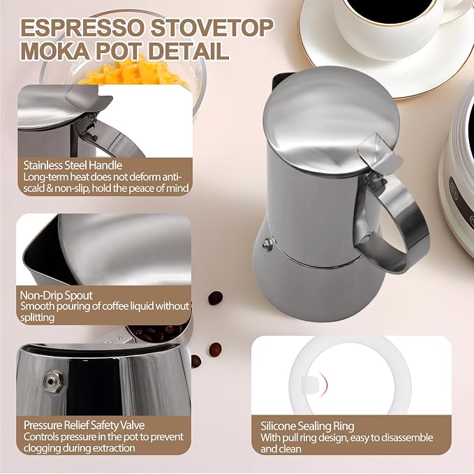304 Thickened Stainless Steel Uncoated 6 Cup Moka Pot Coffee Maker Stovetop Espresso Coffeemaker Italian Classic Brewing Greca Cafe Mocha Machine for Cafeteras Camping Travel Home 300ml 10oz