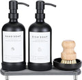 [Luxury] Kitchen Soap Dispenser Set - 16OZ Black Glass Bottle, Stainless Steel Pump, Instant Dry Tray, Waterproof Labels, Non-Slip Silicone Pad, and Dish Brush | Upgrade for Your Kitchen and Bathroom