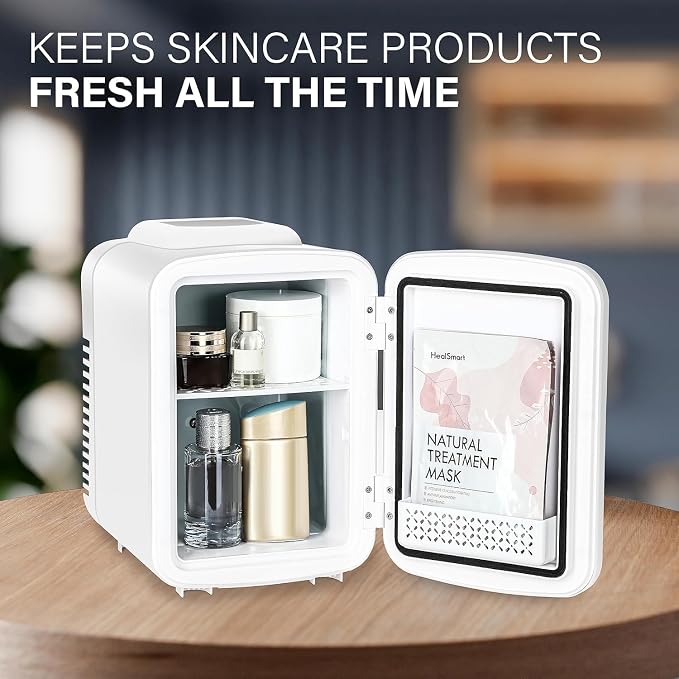Simple Deluxe 4L/6 Can Mini Fridge, Portable Cooler & Warmer Freon-Free Refrigerator, Provide Compact Storage for Skincare, Beverage, Cosmetics, Bedroom, Office, White