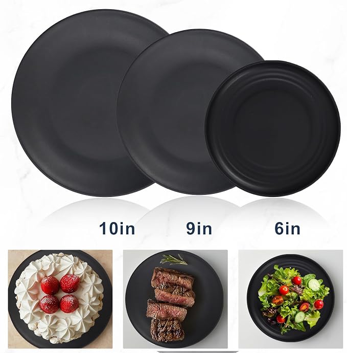 Wrova Wheat straw dinnerware sets of 40-10 inches plates,9 inches plates,6inches snack plate,26oz bowls,12oz cups - Unbreakable plates and bowls sets microwave safe and dishwasher safe. Black