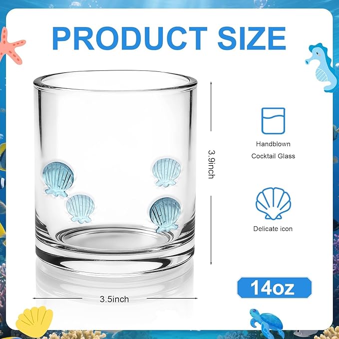 4 Pcs Summer Ocean Icon Glasses Set, 14oz Aesthetic Shell Starfish Seahorse Turtle Glass Cup Icon Stemless Coffee Cocktail Glassware Cup for Party Supplies Gift (Ocean)