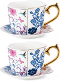KAMMAK Tea Cups and Saucers Set of 2, Porcelain Coffee Cups, 8-Ounce Stackable Espresso Mugs, Ceramic Demitasse for Coffee, Latte, Americano, Tea, Butterfly & Bird